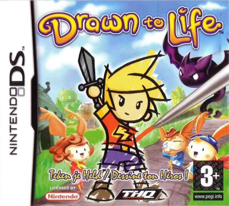 the box art for Drawn to Life. a sketch of a blond boy wearing a red shirt holds a sword up to the sky. behind him are Raposa and a dark purple bat-like monster. a DS stylus is coloring the boy.
